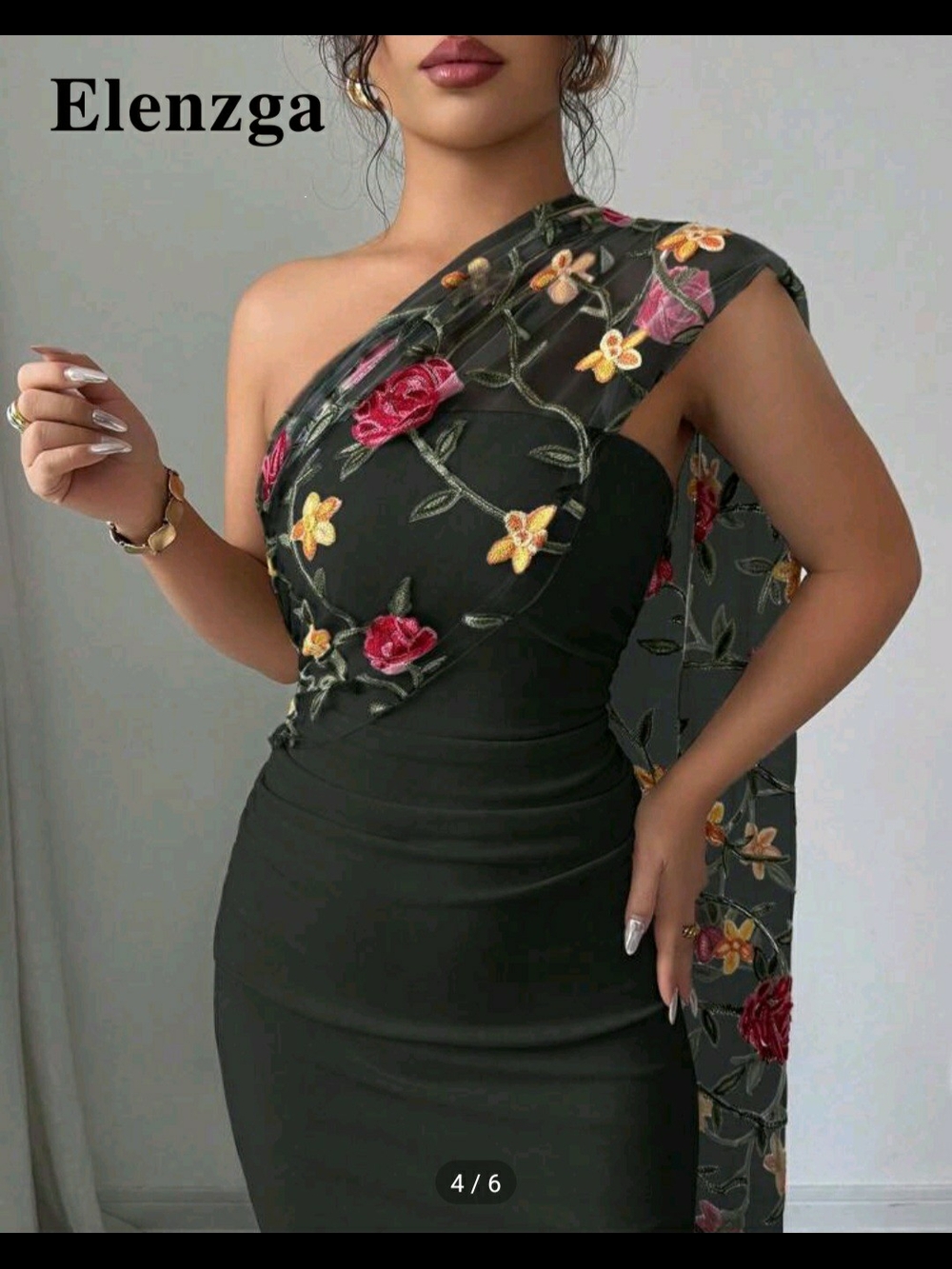 Black One-Shoulder Floral Embroidered Dress.